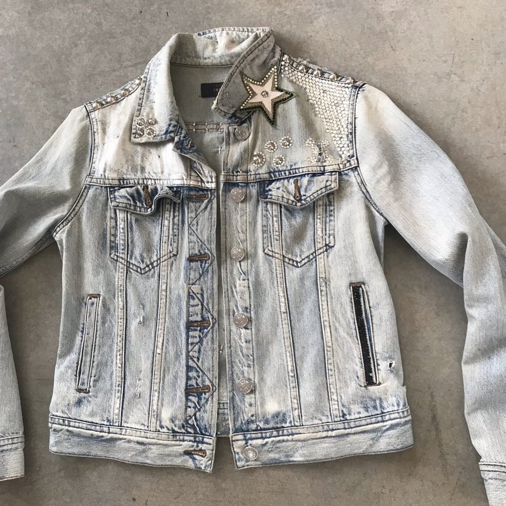 Custom embellished light wash denim jacket